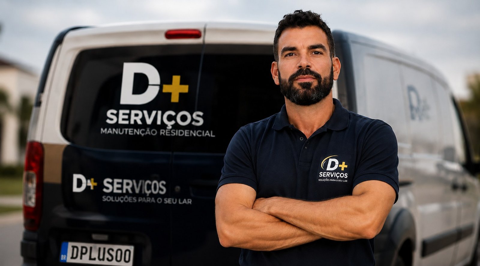 Deivid Cristino, da D+ Servicos, em frente a van adesivada da empresa